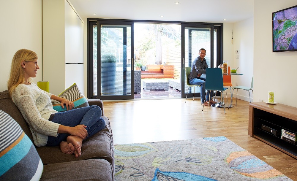 Interiors of a Cuberno garden room with sliding doors