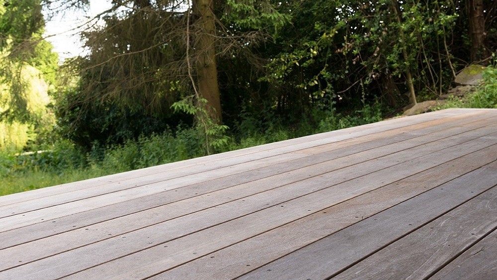 Yellow Balau deck for a garden room in Derbyshire